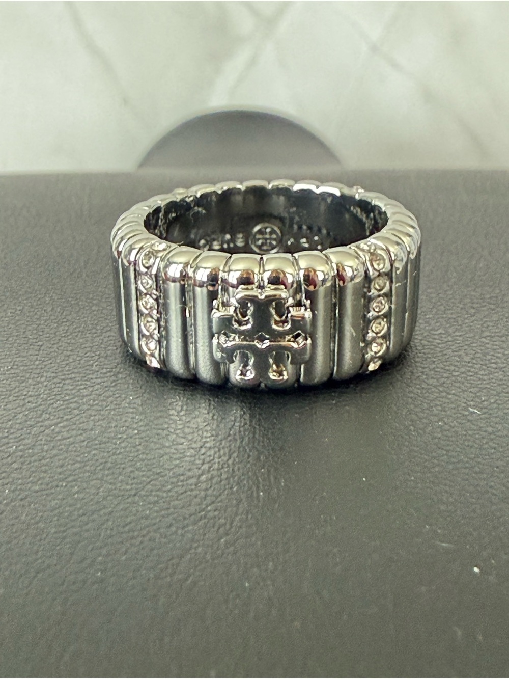 Tory Burch | Silver Logo & Pave Crystal Ring | Size 8